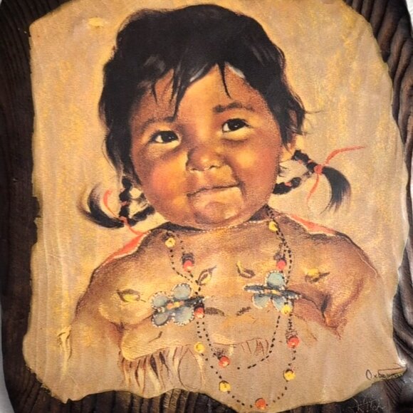 Vtg "Crying Boy" Dorothy Oxboro Indigenous Art Decoupage on Wood 8.5x11" Sealed - Picture 2 of 9